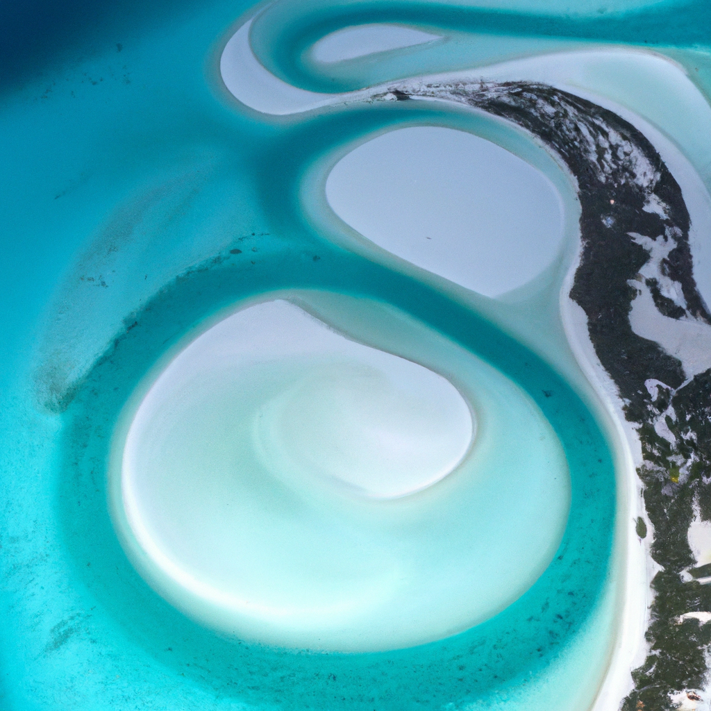 Drone sur récif corallien, dégradés de turquoise et anneaux de sable blanc