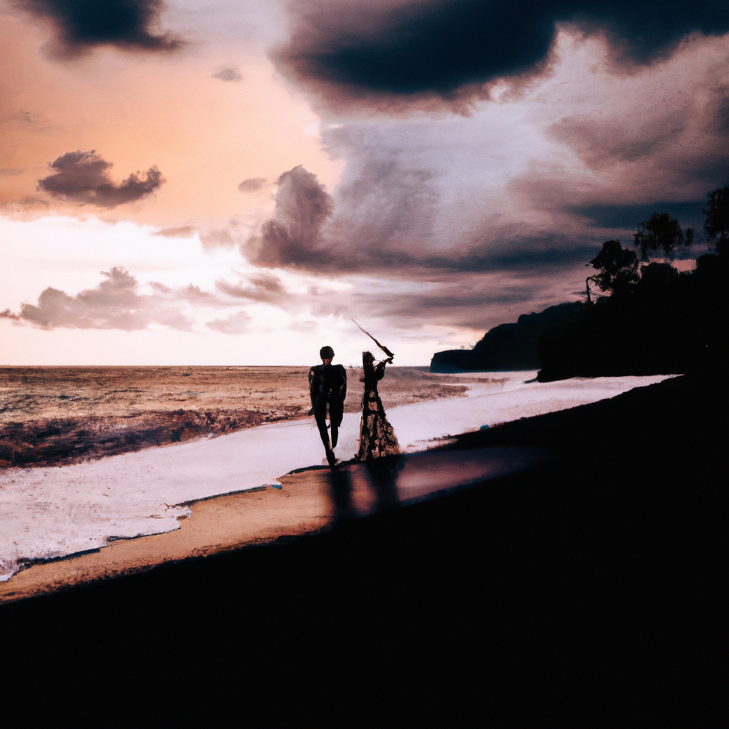 Mariage minimaliste sur plage de sable noir en Martinique au coucher du soleil